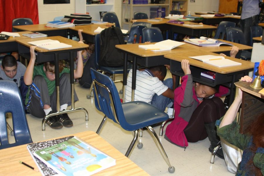 Students participating in the Great Southeast Shakeout drill at Langston Hughes Middle School in Reston, Virginia.