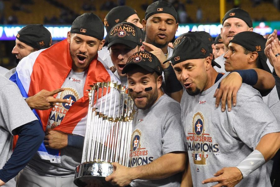 The Astros celebrating their 2017 World Series win in which they cheated