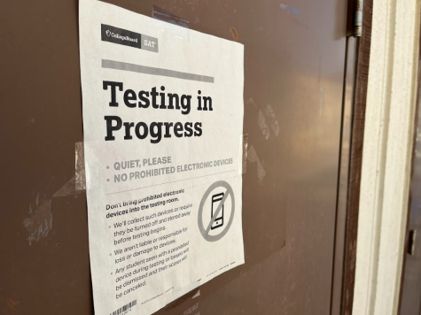 Signs are up around campus denoting rooms in which students are taking the test.