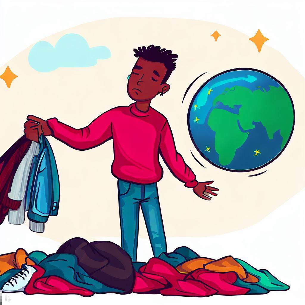 A fashionable teenager throws away clothes to buy new ones while the Earth looks on with disappointment.