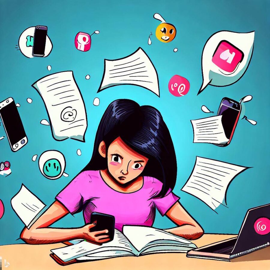 A teen needs to write an essay but social media keeps distracting them.